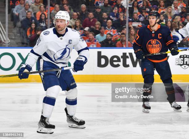 Steven Stamkos of the Tampa Bay Lightning skates during the game against the Edmonton Oilers on March 12, 2022 at Rogers Place in Edmonton, Alberta,...