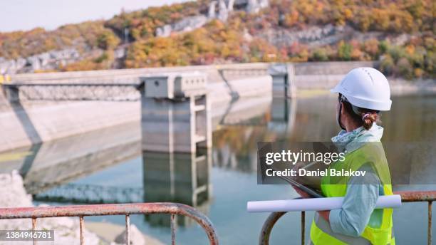 maintenance female engineer working in hydroelectric power station. renewable energy systems. - underhållstekniker bildbanksfoton och bilder