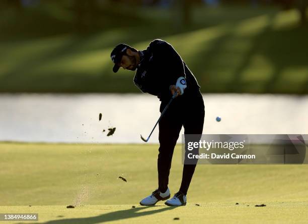 Abraham Ancer of Mexico plays his second shot on the par 4, seventh hole during completion of the weather delayed third round of THE PLAYERS...
