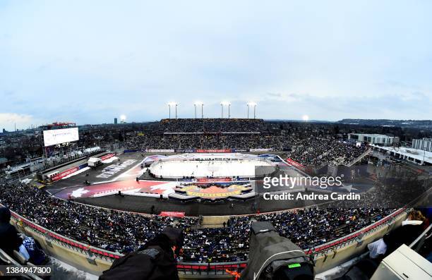 General overview of action during the third period of the 2022 Tim Hortons NHL Heritage Classic between the Toronto Maple Leafs and the Buffalo...
