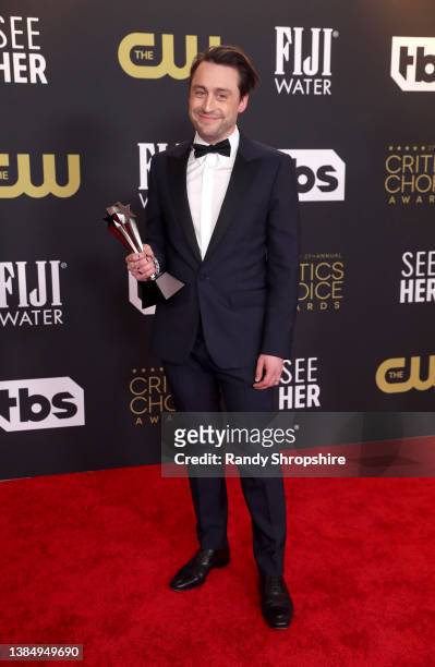 Kieran Culkin poses in the press room with the Best Supporting Actor in a Drama Series award for 'Succession' during the 27th Annual Critics Choice...