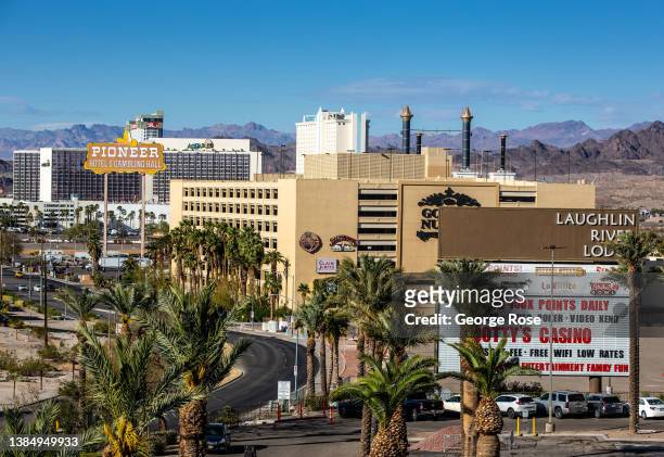 The hotels and casinos lining the Colorado River along Main Street are viewed on March 10, 2021 in Laughlin, Nevada. Located on the Colorado River 90...