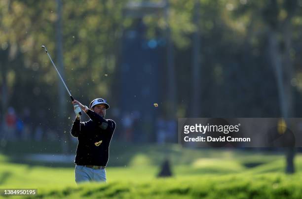 Bubba Watson of The United States plays his second shot on the par 4, seventh hole during completion of the weather delayed third round of THE...