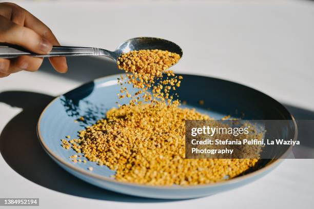 hand holding a metal spoon while pouring bee pollen on a turquoise plate. - polen stock pictures, royalty-free photos & images