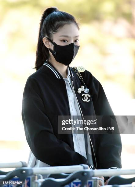 Jennie of BLACKPINK is seen leaving Incheon International Airport on March 05, 2022 in Incheon, South Korea.