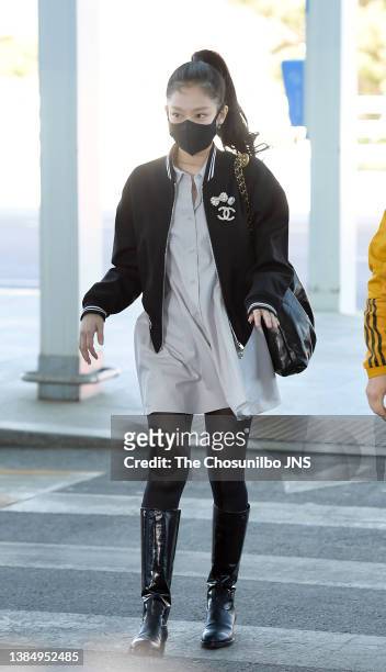 Jennie of BLACKPINK is seen leaving Incheon International Airport on March 05, 2022 in Incheon, South Korea.