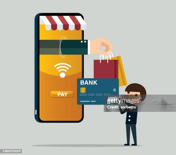 illustrazioni stock, clip art, cartoni animati e icone di tendenza di shopping online - carta di credito - debit cards credit cards accepted