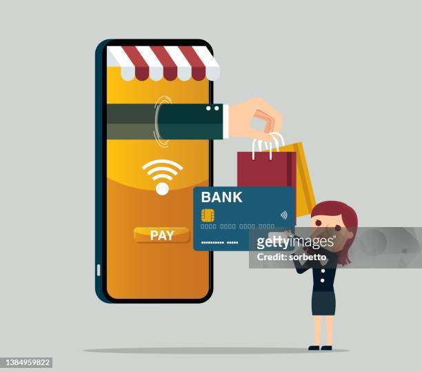ilustraciones, imágenes clip art, dibujos animados e iconos de stock de compras online - tarjeta de crédito - empresaria - debit cards credit cards accepted