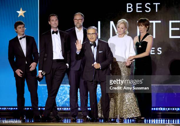Evan Peters, Brad Ingelsby, Craig Zobel, Mark Roybal, Jean Smart and Julianne Nicholson accept the Best Limited Series award for 'Mare of Easttown'...
