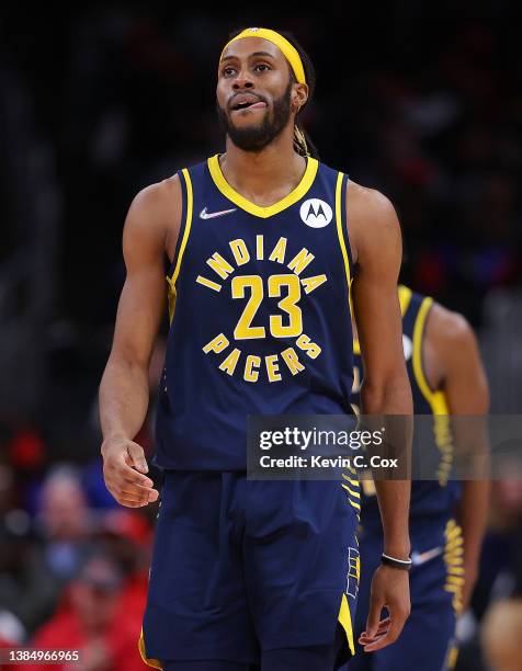 Isaiah Jackson of the Indiana Pacers reacts after a turnover to the Atlanta Hawks during the second half at State Farm Arena on March 13, 2022 in...