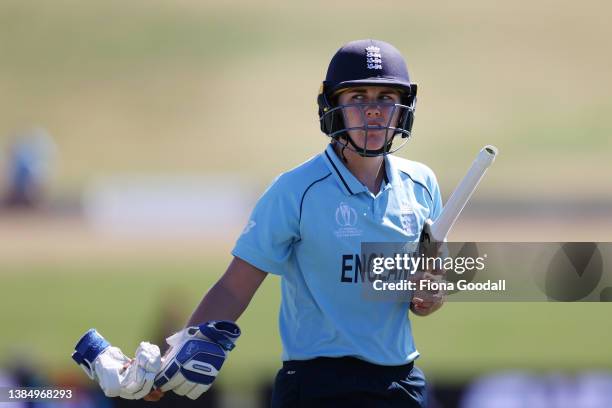 Natalie Sciver of England is dismissed during the 2022 ICC Women's Cricket World Cup match between South Africa and England at Bay Oval on March 14,...