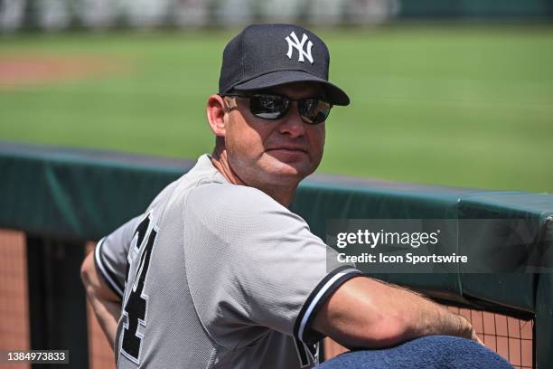 New York Yankees bench coach Carlos Mendoza during game one of a doubleheader between the New York Yankees and the St. Louis Cardinals on July 01 at...