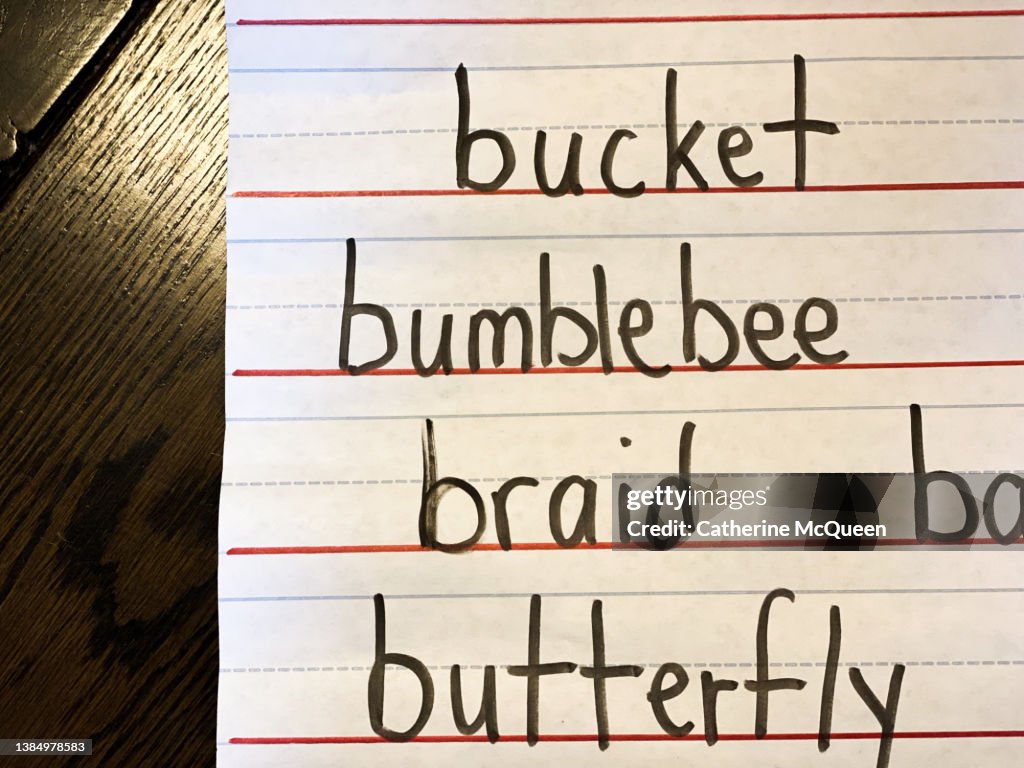 List of words beginning with letter b on oversized lined writing paper