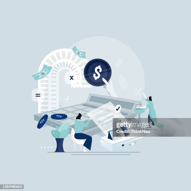 online tax calculation and payment statement, taxpayer counting tax and profit, accounting and financial analysis - government scrutiny stock illustrations