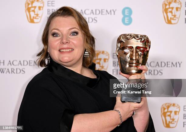 Joanna Scanlan, winner of the Best Actress award for "After Love", poses in the winners room at the EE British Academy Film Awards 2022 at Royal...