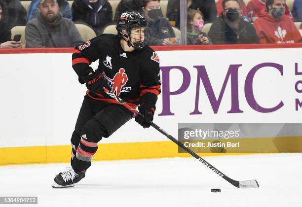 Jocelyne Larocque of Team Canada skates in the third period during the Rivalry Rematch against the United States of America at PPG PAINTS Arena on...