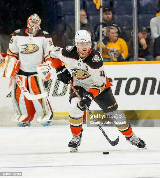 Cam Fowler of the Anaheim Ducks skates against the Nashville Predators during an NHL game at Bridgestone Arena on March 10, 2022 in Nashville,...