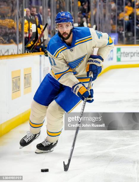 Robert Bortuzzo of the St. Louis Blues skates against the Nashville Predators during an NHL game at Bridgestone Arena on March 12, 2022 in Nashville,...