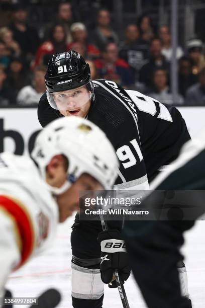 Carl Grundstrom of the Los Angeles Kings gets ready for the play during the second period against the Florida Panthers at Crypto.com Arena on March...