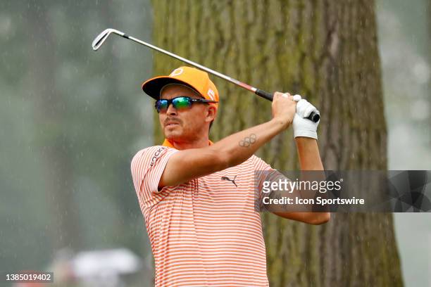 Golfer Rickie Fowler hits his tee shot on the 5th hole on July 2 during the final round of the Rocket Mortgage Classic at the Detroit Golf Club in...