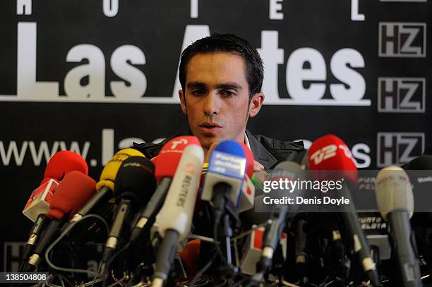 Spanish cyclist Alberto Contador gives a press conference a day after the court of arbitration for sport handed him a two-year ban and stripped him...