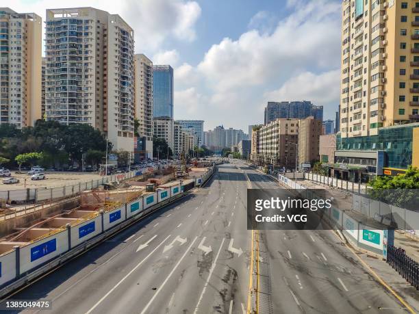 An empty street is seen amid the COVID-19 epidemic on March 14, 2022 in Shenzhen, Guangdong Province of China. Shenzhen has suspended subway and bus...