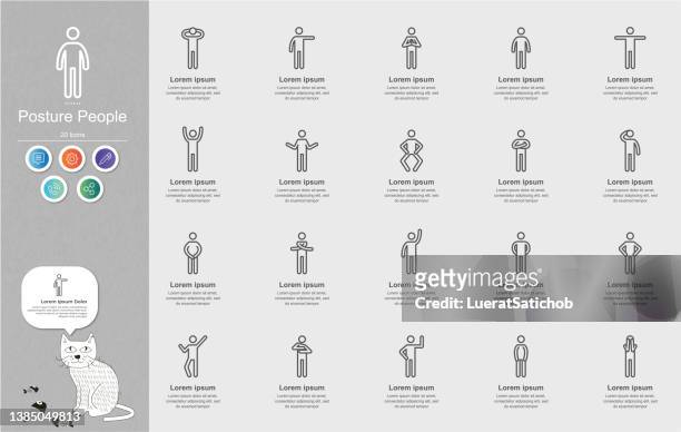 posture people line icons content infographic - kicking tire stock illustrations