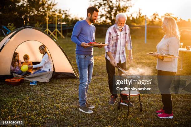 barbecue time in the backyard! - summer evening stock pictures, royalty-free photos & images