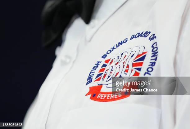 Detailed view of the British Boxing Board of Control referee logo on the shirt of a referee during the British Super Bantamweight Title fight between...