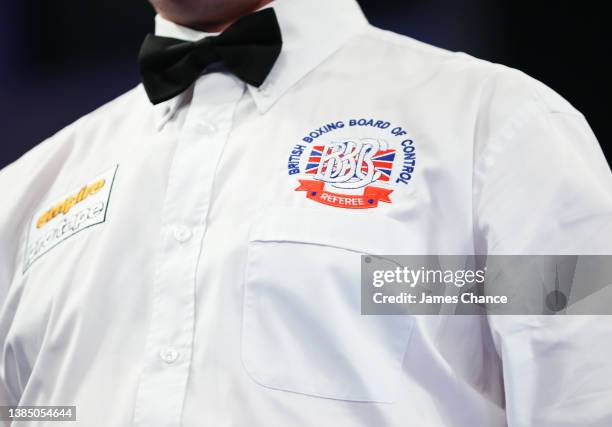 Detailed view of the British Boxing Board of Control referee logo on the shirt of a referee during the British Super Bantamweight Title fight between...