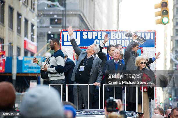 New York Giants player Justin Tuck, New York Giants Chairman & Exective Vice President Steve Tisch, New York City Mayor Michael Bloomberg, New York...
