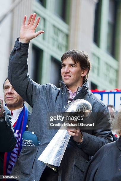 New York Giants quarterback & Super Bowl XLVI most valuable player Eli Manning attends the New York Giants Victory Parade following their Super Bowl...