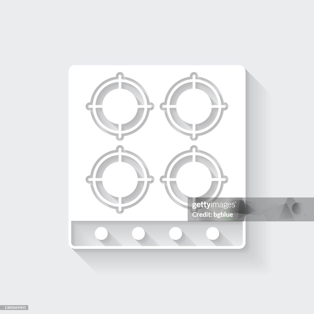 Gas stove - top view. Icon with long shadow on blank background - Flat Design