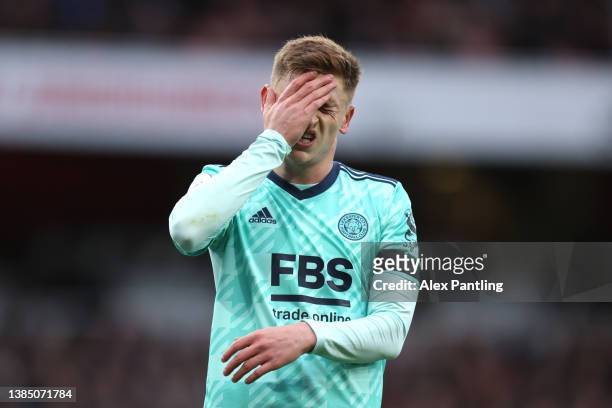 Harvey Barnes of Leicester City reacts to a missed chance during the Premier League match between Arsenal and Leicester City at Emirates Stadium on...