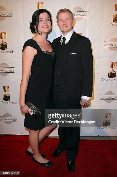 Associate Art Director Chad Hurd and guest arrive for the 39th Annual Annie Awards at Royce Hall, UCLA on February 4, 2012 in Westwood, California.