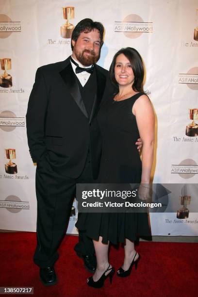 Effects Lead Jason Mayer and guest arrive for the 39th Annual Annie Awards at Royce Hall, UCLA on February 4, 2012 in Westwood, California.