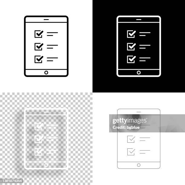 ilustraciones, imágenes clip art, dibujos animados e iconos de stock de tablet pc con lista de verificación. icono para el diseño. fondos en blanco, blancos y negros - icono de línea - lista de la compra