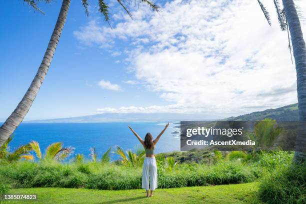 la giovane donna si rilassa al punto panoramico costiero, sul mare - isole hawaii foto e immagini stock