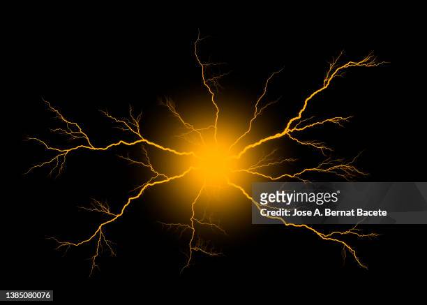 energy, electrical explosion with lightning on a black background. - 電気ショック ストックフォトと画像