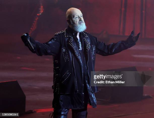 Singer Rob Halford of Judas Priest performs at Zappos Theater at Planet Hollywood Resort & Casino on March 13, 2022 in Las Vegas, Nevada.