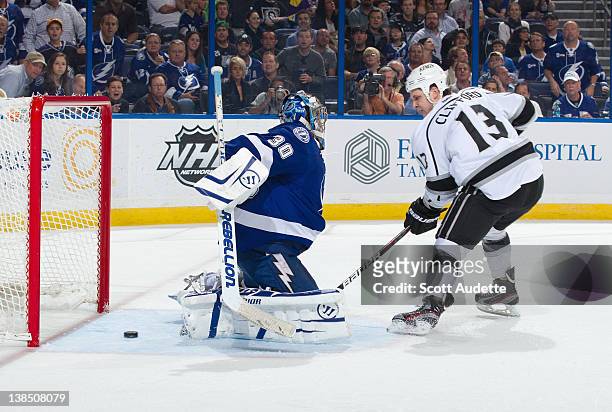 Kyle Clifford of the Los Angeles Kings scores a goal past Dwayne Roloson of the Tampa Bay Lightning at the Tampa Bay Times Forum on February 7, 2012...