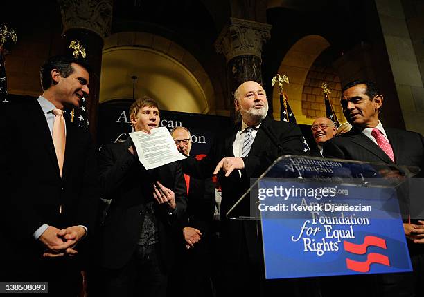 Opponents of Proposition 8, California's anti-gay marriage bill, actor Robert Reiner writer Dustin Lance Black celebrate with Los Angeles Mayor...