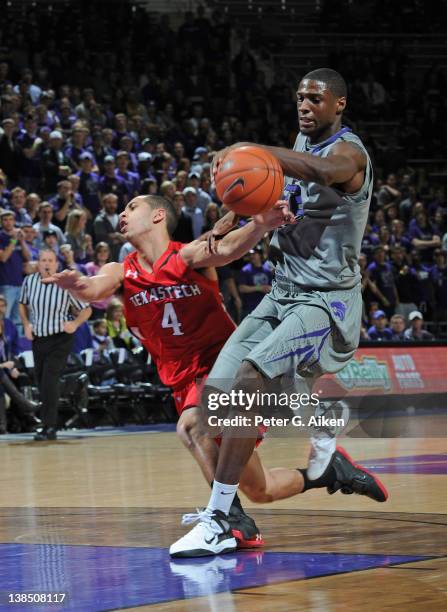 Forward Jamar Samuels of the Kansas State Wildcats steals the ball from guard Ty Nurse of the Texas Tech Red Raiders during the first half on...