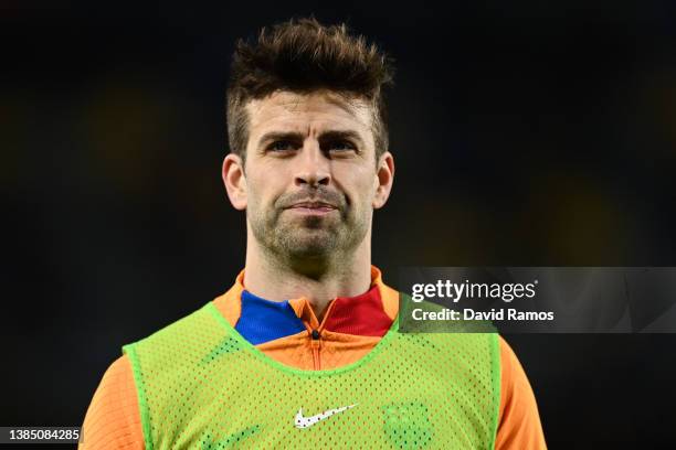 Gerard Pique of FC Barcelona looks on prior to the LaLiga Santander match between FC Barcelona and CA Osasuna at Camp Nou on March 13, 2022 in...