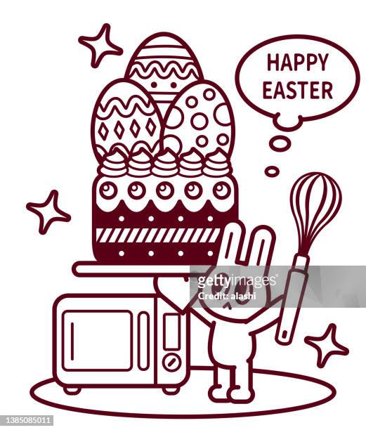 happy easter bunny chef holding an egg beater and using an oven mitt carrying an easter cake with easter eggs on it, an oven behind - easter cake stock illustrations