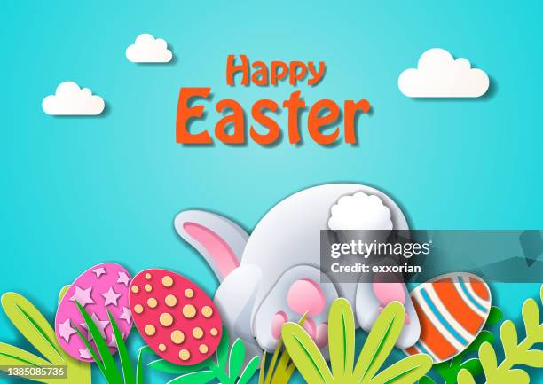 easter egg hunt with bunny - easter bunny with eggs stock illustrations