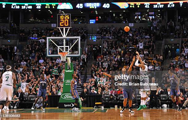 Paul Pierce of the Boston Celtics makes a three pointer to pass Larry Bird for second place on the Celtics all time scoring list with 21,792 points...