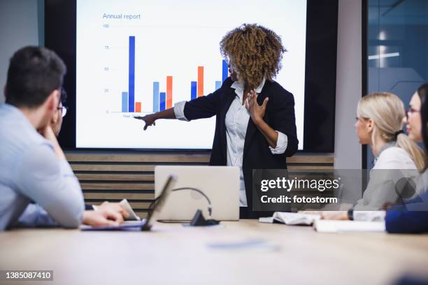 young businesswoman pointing at data on the slide show - visual aid stock pictures, royalty-free photos & images
