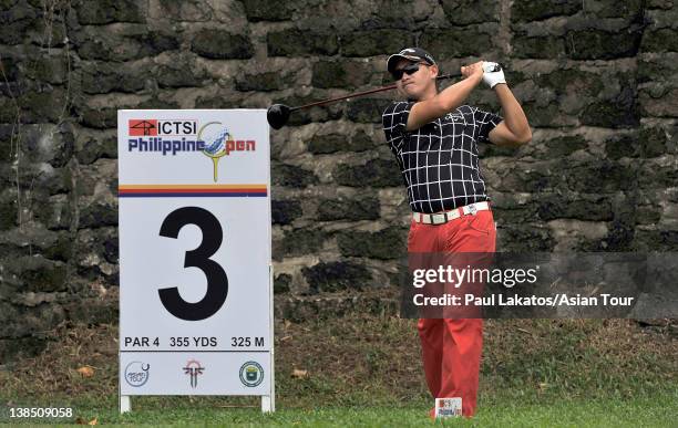 Angelo Que of the Philippines in action during the Pro am event ahead of the ICTSI Philippine Open at Wack Wack Golf and Country Club on February 8,...