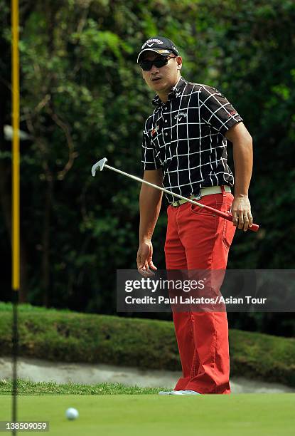 Angelo Que of the Philippines in action during the Pro am event ahead of the ICTSI Philippine Open at Wack Wack Golf and Country Club on February 8,...